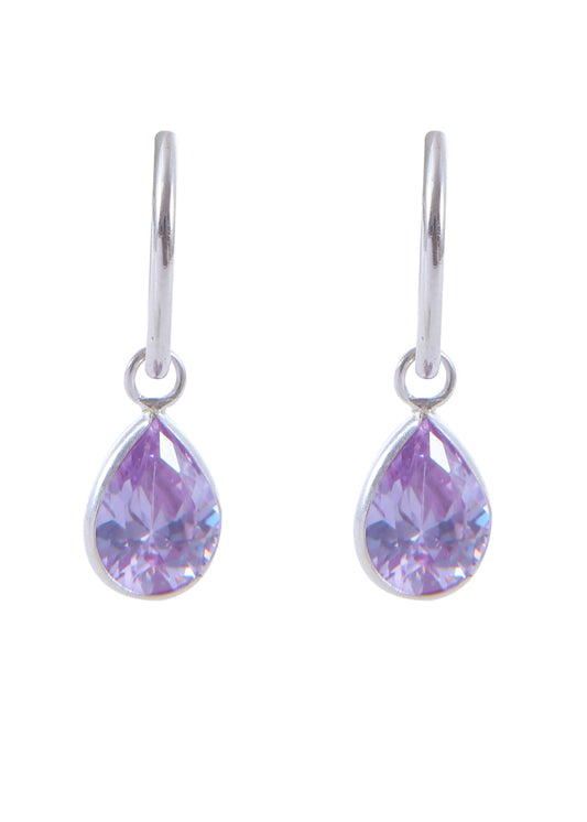 Pair of Light Purple Pear shape Cz Earring in 92.5 Sterling Silver 12 MM Hoop