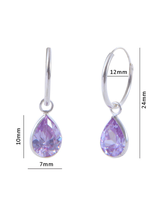 Pair of Light Purple Pear shape Cz Earring in 92.5 Sterling Silver 12 MM Hoop