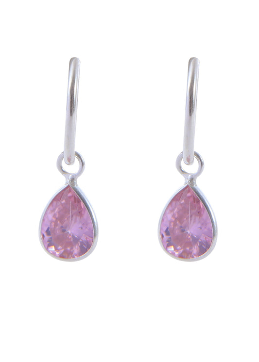 Pair of Pink Pear shape Cz Earring in 92.5 Sterling Silver 12 mm Hoops