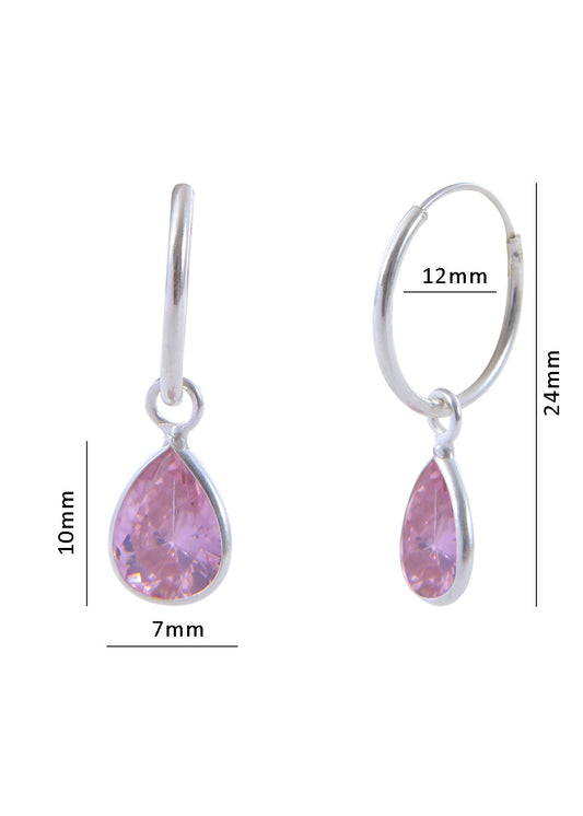 Pair of Pink Pear shape Cz Earring in 92.5 Sterling Silver 12 mm Hoops