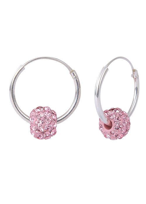 Pure 92.5 Sterling Silver 12 mm Hoop Earring with Pink Crystals Balls - Default Title - Abhooshan