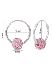 Pure 92.5 Sterling Silver 12 mm Hoop Earring with Pink Crystals Balls