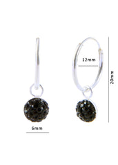 Pure 92.5 Sterling Silver 12 mm Hoop Earring with Black Crystals Balls