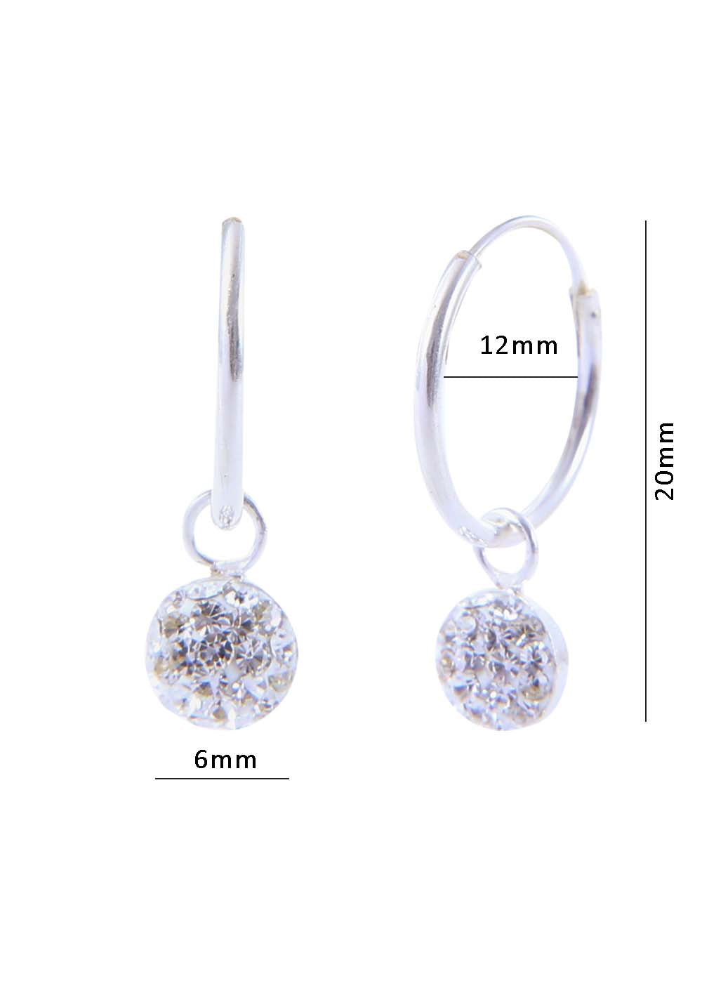 Pure 92.5 Sterling Silver 12 mm Hoop Earring with White Crystals Balls