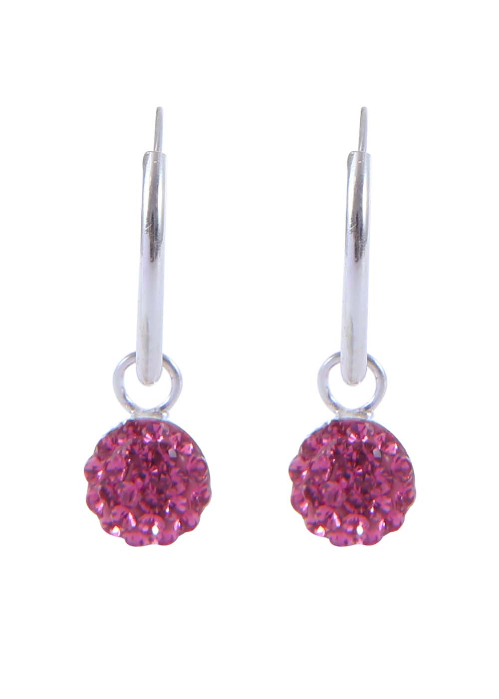 Pure 92.5 Sterling Silver 12 mm Hoop Earring with Pink Crystals Balls for Girls
