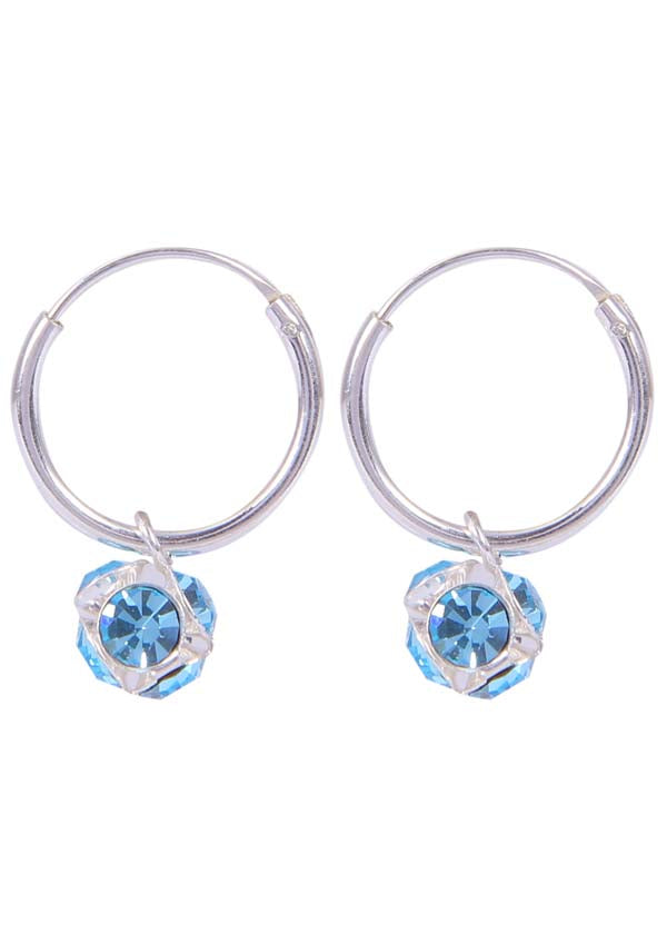 Sterling Silver Light Blue Cubic Zirconia Hanging Balls in 12 mm Silver Hoops