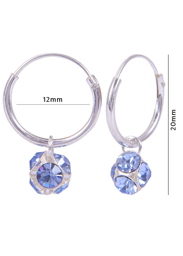 Sterling Silver Blue Cubic Zirconia Hanging Balls in 12 mm Silver Hoops