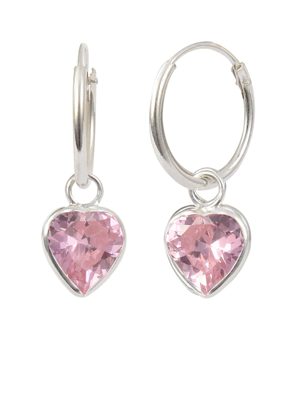 Pink heart shape Cz 14 MM Hoop Earring in 925 Silver
