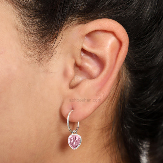 Pink heart shape Cz 14 MM Hoop Earring in 925 Silver