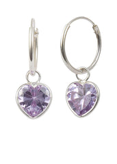 Purple heart shape Cz 14 MM Hoop Earring in 925 Silver