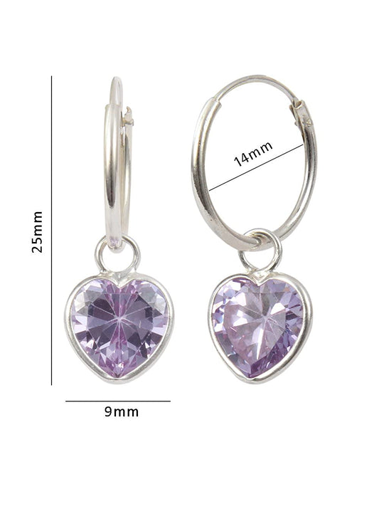 Purple heart shape Cz 14 MM Hoop Earring in 925 Silver