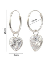 White heart shape Cz 14 MM Hoop Earring in 925 Silver