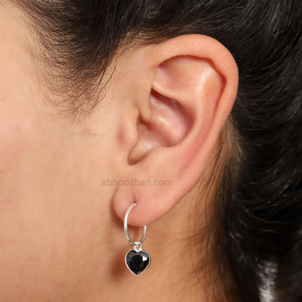 Black heart shape Cz 14 MM Hoop Earring in 925 Silver