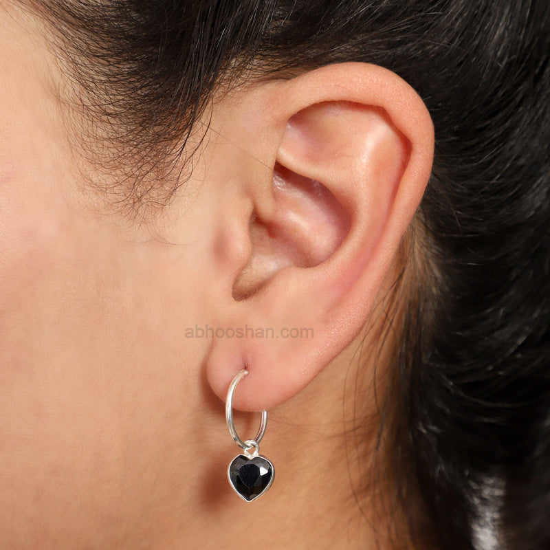 Black heart shape Cz 14 MM Hoop Earring in 925 Silver