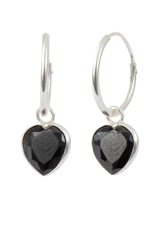 Black heart shape Cz 14 MM Hoop Earring in 925 Silver