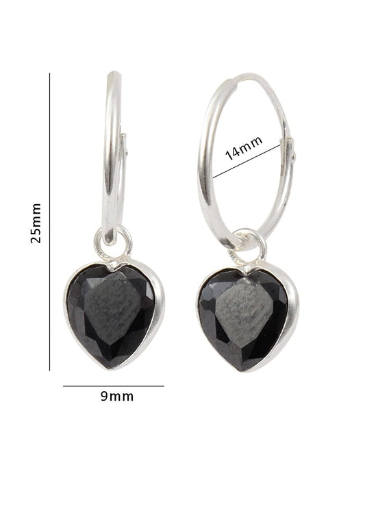 Black heart shape Cz 14 MM Hoop Earring in 925 Silver