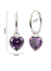 Purple heart shape Cz 14 MM Hoop Earring in 925 Silver