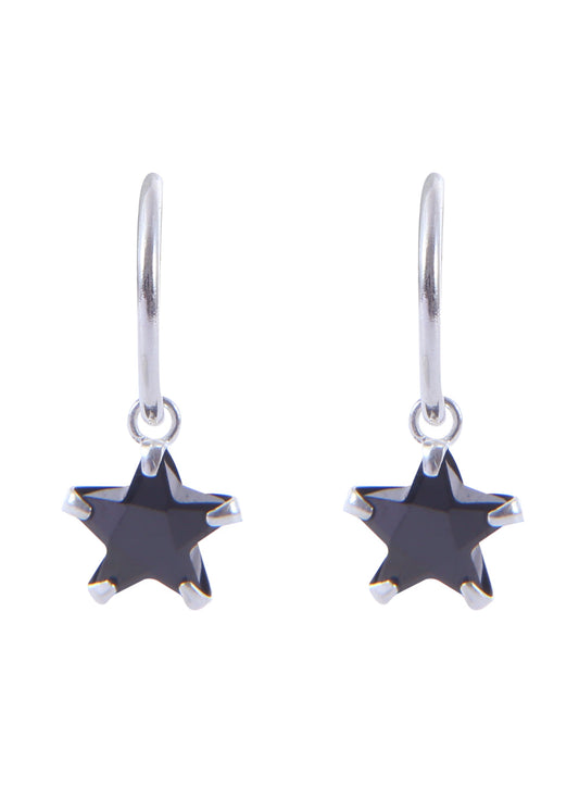 Pair of Black Star shape Cz Earring in 92.5 Sterling Silver 14 MM Hoop