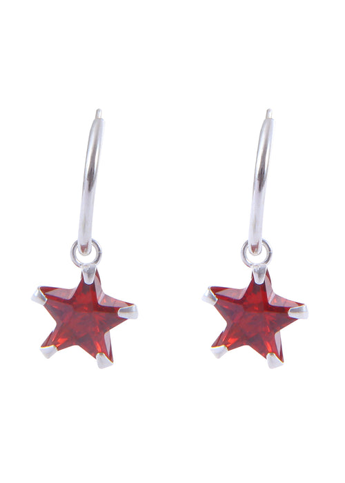 Pair of Red Star shape Cz Earring in 92.5 Sterling Silver 14 MM Hoop - Default Title - Abhooshan