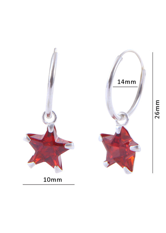 Pair of Red Star shape Cz Earring in 92.5 Sterling Silver 14 MM Hoop