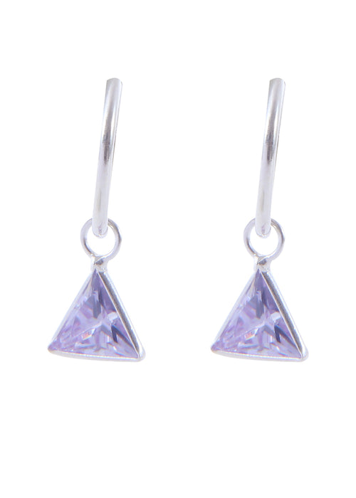 Pair of Light Purple Triangle shape Cz Earring in 92.5 Sterling Silver 14 MM Hoop - Default Title - Abhooshan