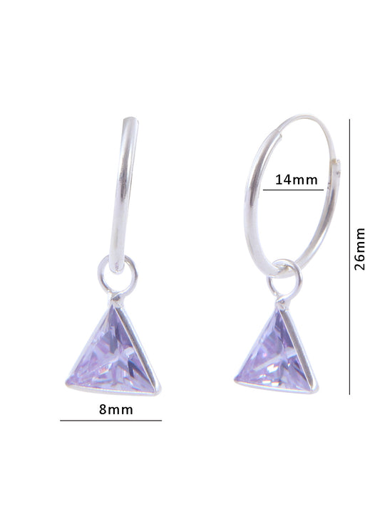 Pair of Light Purple Triangle shape Cz Earring in 92.5 Sterling Silver 14 MM Hoop