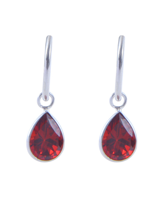 Pair of Red Pear shape Cz Earring in 92.5 Sterling Silver 14 MM Hoop