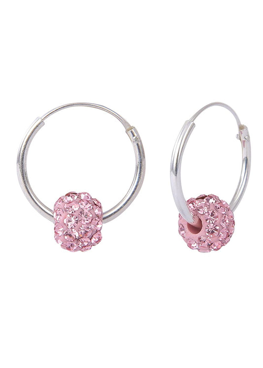 Pure 92.5 Sterling Silver 14 mm Hoop Earring with Pink Crystals Balls