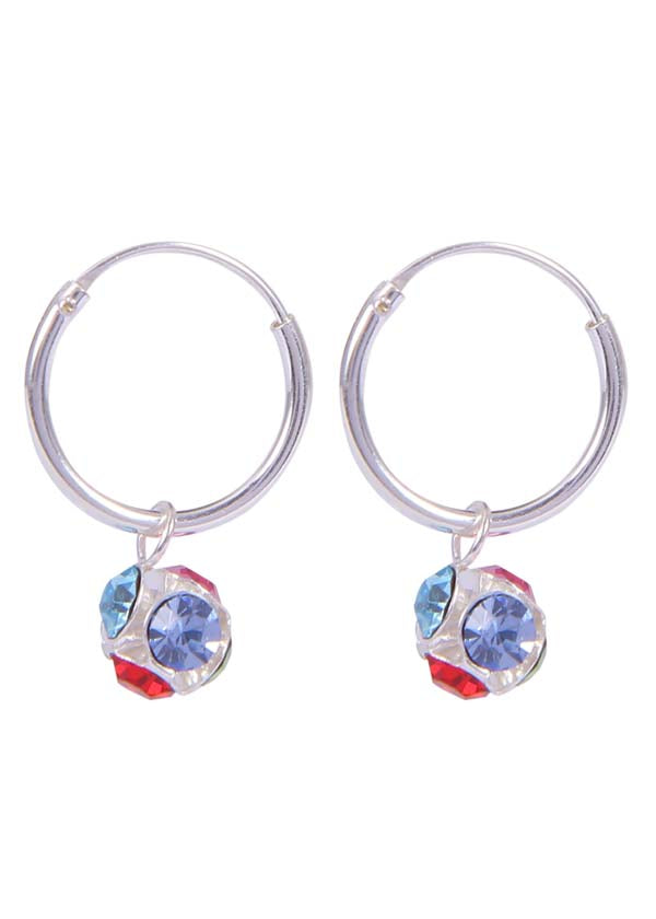 Sterling Silver Multi Color Cubic Zirconia Hanging Balls in 14 mm Silver Hoops