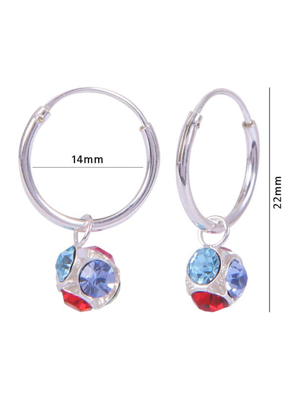 Sterling Silver Multi Color Cubic Zirconia Hanging Balls in 14 mm Silver Hoops