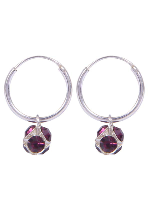 Sterling Silver Purple Cubic Zirconia Hanging Balls in 14 mm Silver Hoops