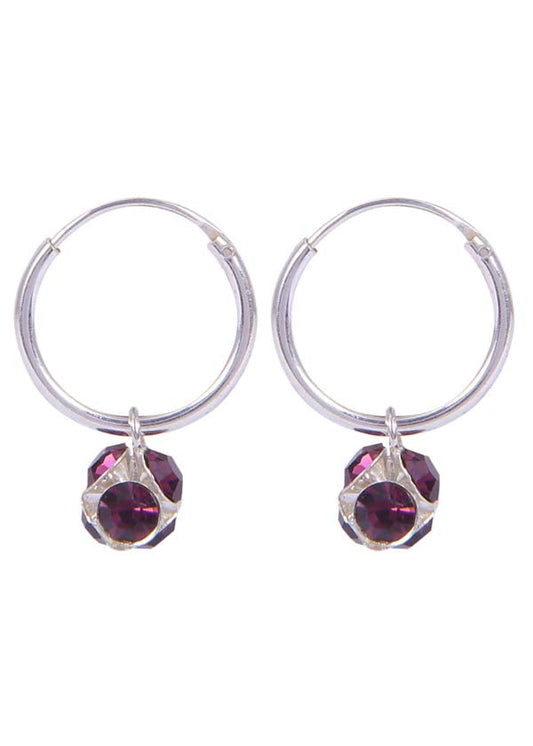 Sterling Silver Purple Cubic Zirconia Hanging Balls in 14 mm Silver Hoops