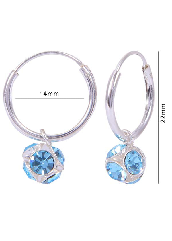 Sterling Silver Light Blue Cubic Zirconia Hanging Balls in 14 mm Silver Hoops