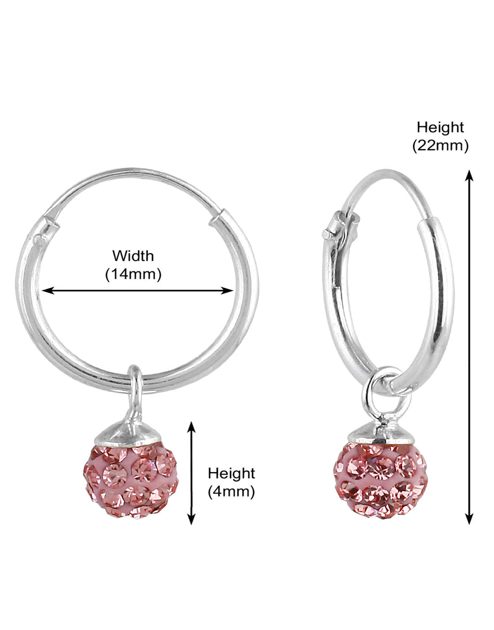 Sterling Silver Pink Cubic Zirconia Hanging Balls in 14 mm Silver Hoops