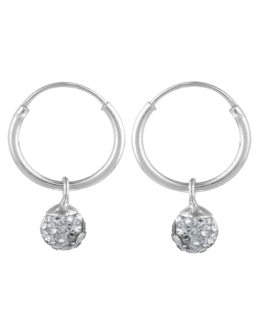 Sterling Silver White Cubic Zirconia Hanging Balls in 14 mm Silver Hoops