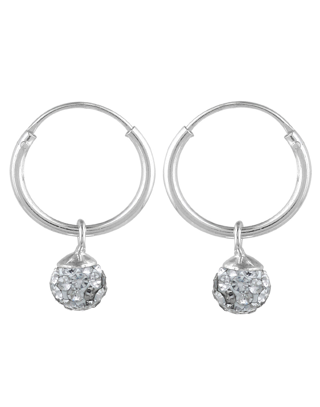 Sterling Silver White Cubic Zirconia Hanging Balls in 14 mm Silver Hoops