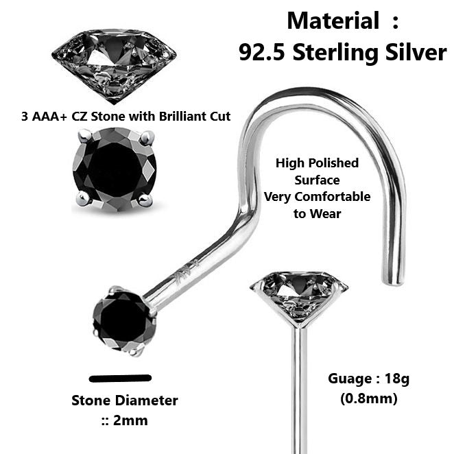 Pair of 92.5 Sterling Silver Dot Size Black CZ Stone Nose Pin