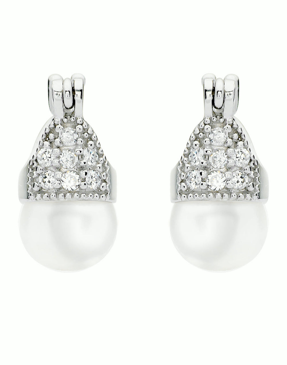 Pair of Stud Earrings Drop Pearl with Cubic Zirconia in 92.5 Silver