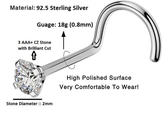 Dot Size Tiny Round 2 MM White CZ Nose Pin with wire in 92.5 Silver