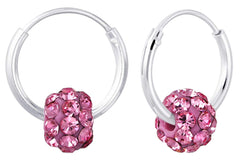 Pure 92.5 Sterling Silver 12 mm Hoop Earring with Pink Crystals Balls