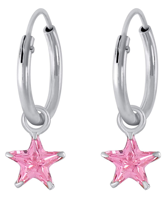 Pair of vibrant Pink Star shape Cz Earring in 92.5 Sterling Silver 12 MM Hoop