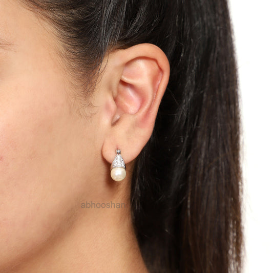 Pair of Stud Earrings Drop Pearl with Cubic Zirconia in 92.5 Silver