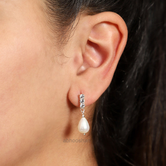 Pair of Stud Earrings Drop Pearl with Cubic Zirconia in 92.5 Silver