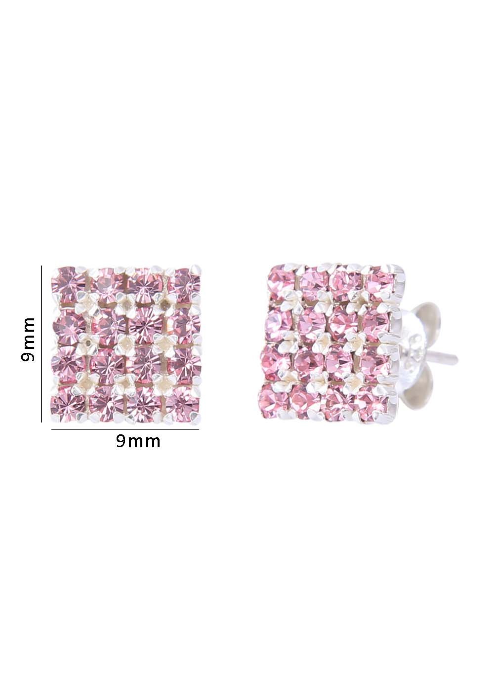 92.5 Silver Square Studs Unisex Earrings in Silver and Pink Cubic Zirconia CZ - Studs