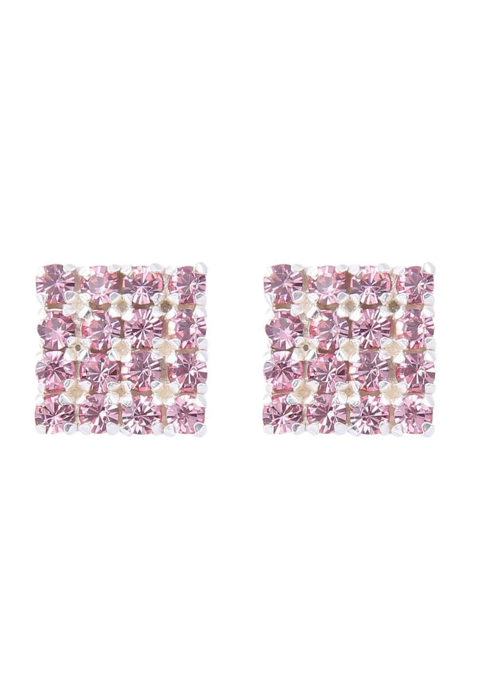 92.5 Silver Square Studs Unisex Earrings in Silver and Pink Cubic Zirconia CZ - Studs