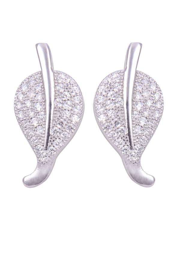 925 Sterling Silver Big Leaf Shape Cubic Zircon Studs - Studs
