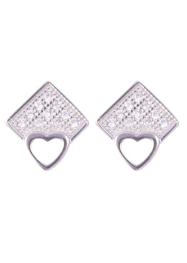 925 Sterling Silver Cute Heart-Shaped And Square Cz Stud - Studs