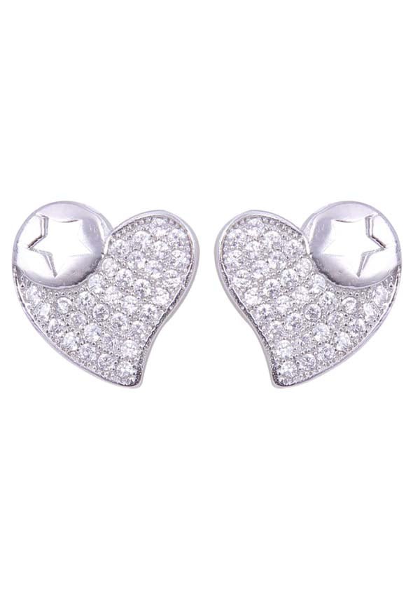 925 Sterling Silver Designer Love Heart Studs With Cubic Zirconia CZ Stones - Studs