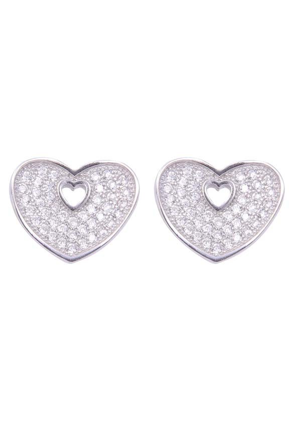 925 Sterling Silver Designer Love Heart Studs With Cubic Zirconia CZ Stones - Studs