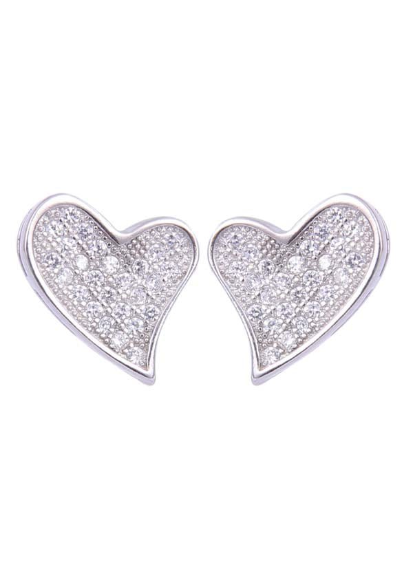 925 Sterling Silver Designer Love Heart Studs With Cubic Zirconia CZ Stones - Studs